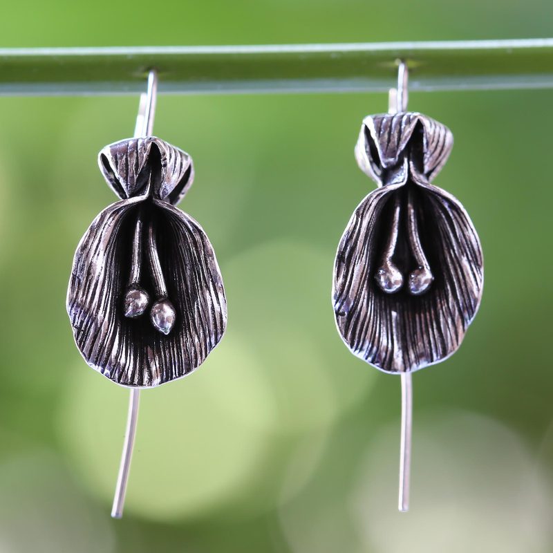 Antiqued Sterling Silver Artisan Crafted Flower Earrings, "Butterfly Pea"