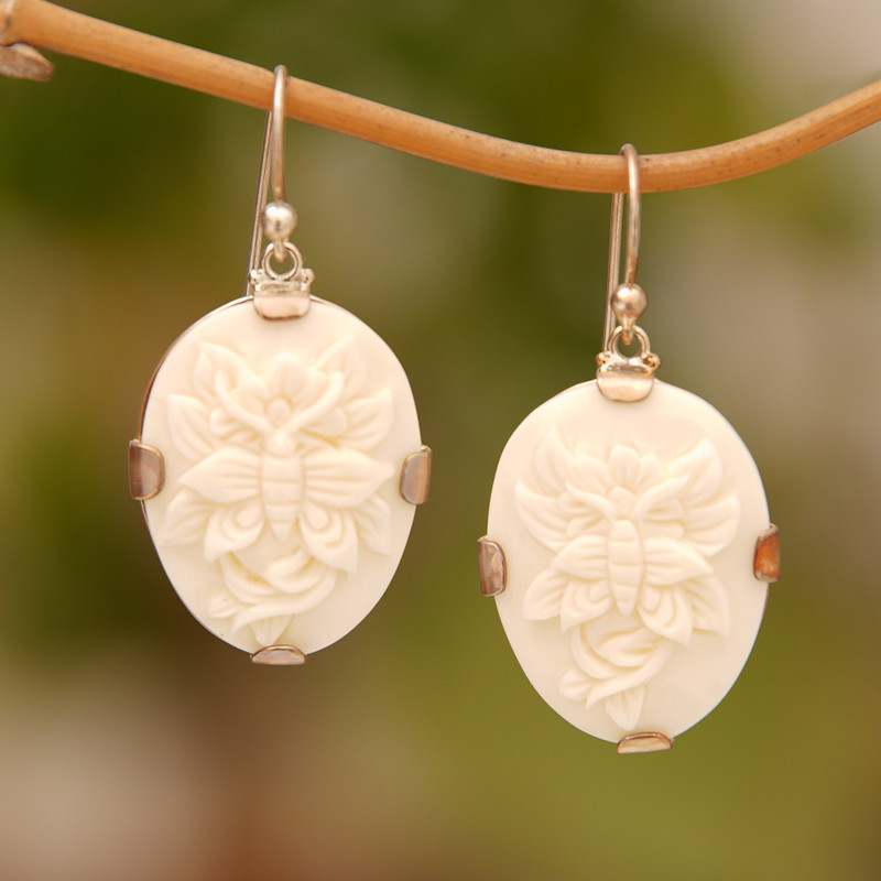 Sterling Silver and Bone Butterfly Earrings from Bali, "Twin Butterflies"