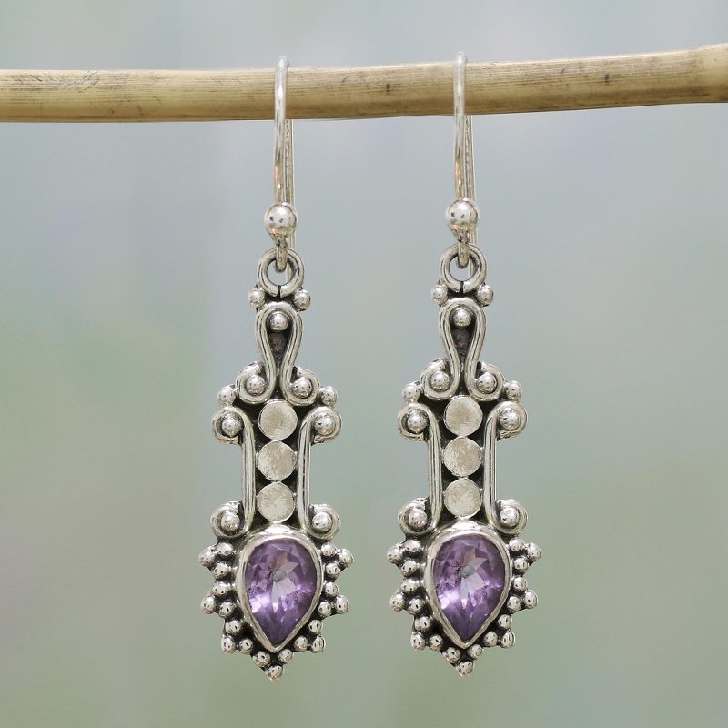 Sterling Silver and Teardrop Amethyst Earrings from India, "Droplet Dreams"