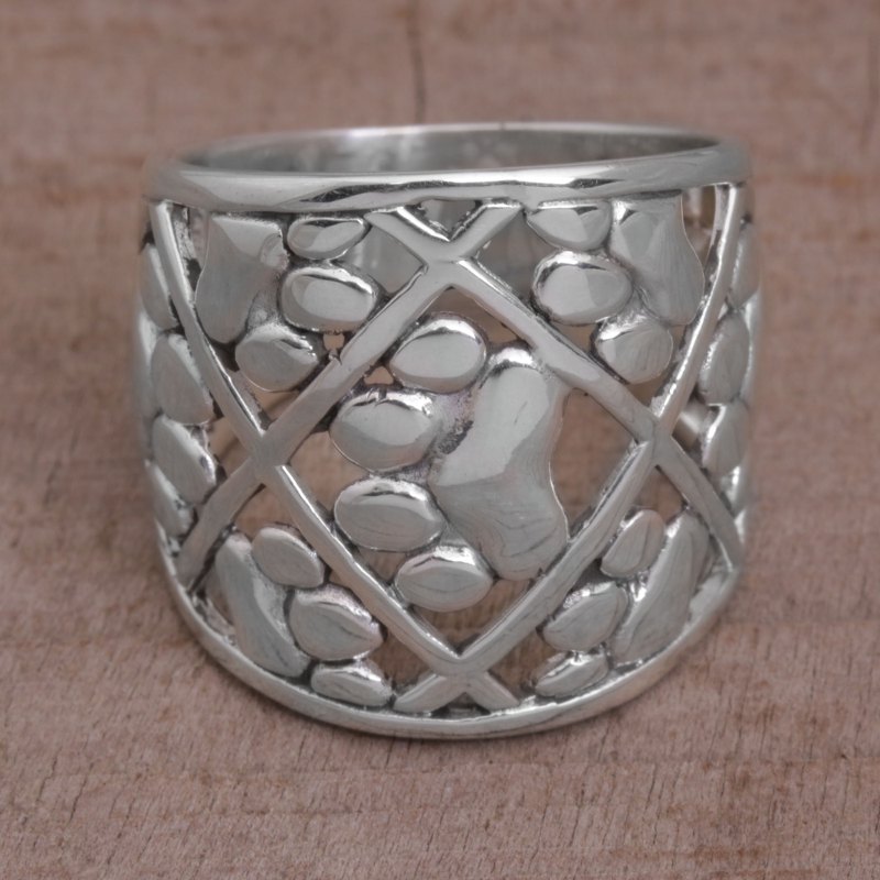 925 Sterling Silver Paw Print Motif Band Ring from Bali, "Paw Trails"