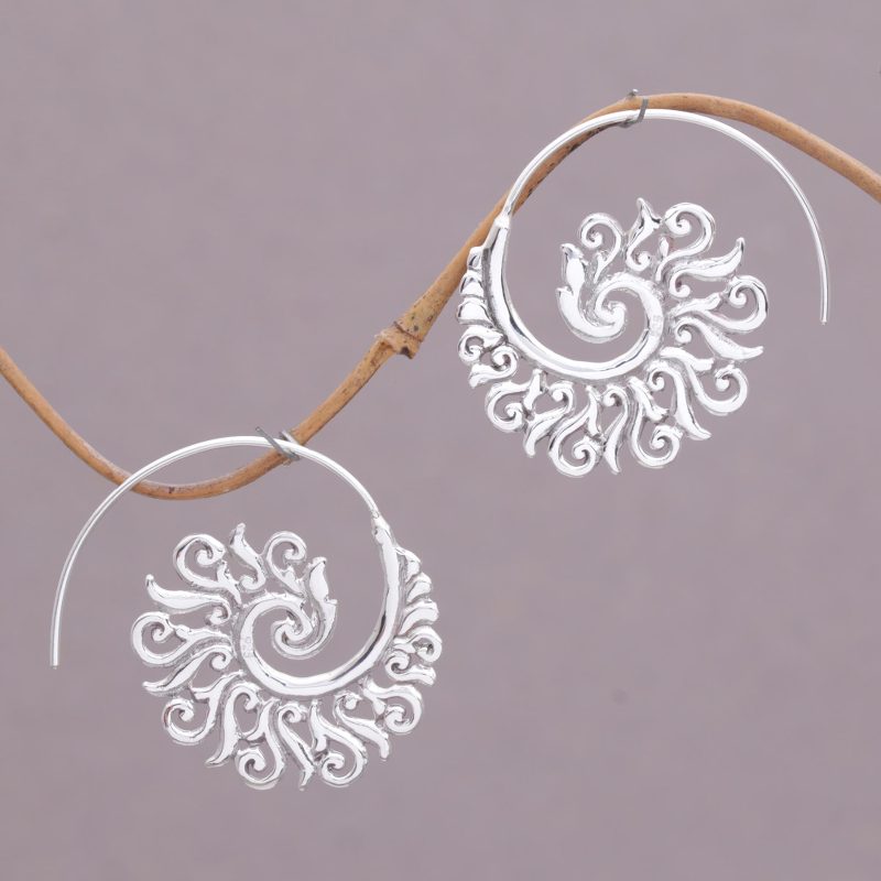 925 Sterling Silver Half Hoop Earrings from Indonesia, "Spiral Beauty"