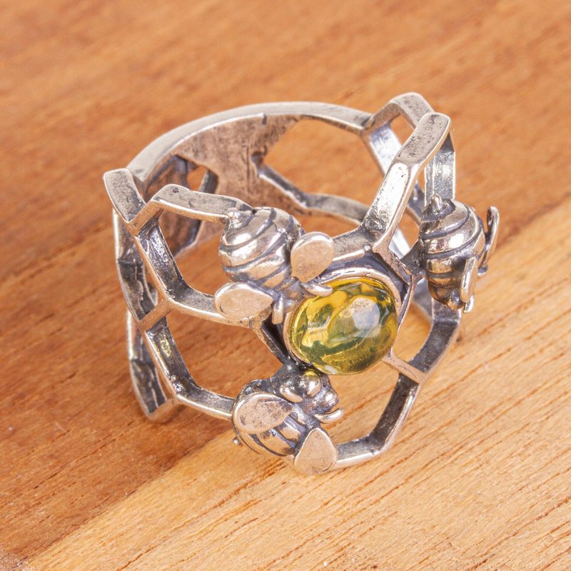 Amber and Sterling Silver Bee Cocktail Ring from Mexico, "Glowing Honey"