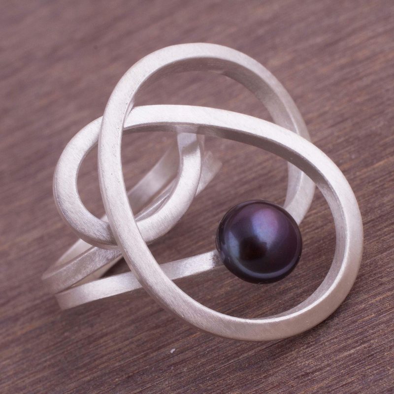 Abstract Style Sterling Silver Grey Pearl Cocktail Ring, "Dark Amazon Nest"