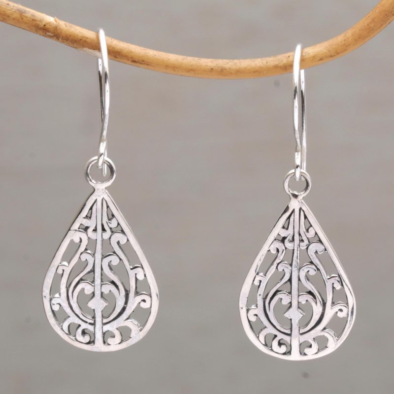 Sterling Silver Drop-Shaped Dangle Earrings from Bali, "Gunungan Vines"