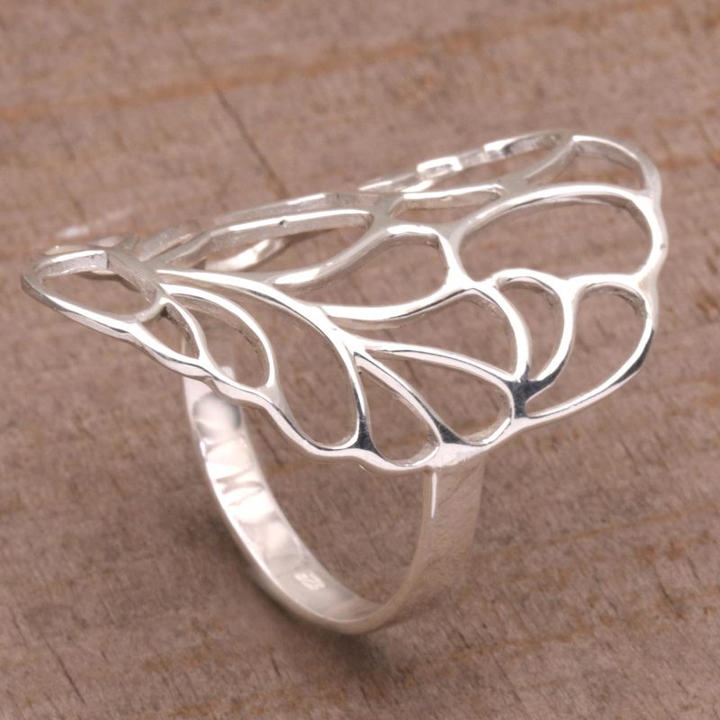 Sterling Silver Feather-Shaped Cocktail Ring from Bali, "Shining Plumage"