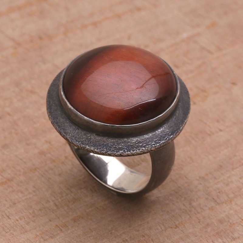 Oxidized Tiger's Eye and Sterling Silver Dome Ring from Bali, "Earth's Mystery"