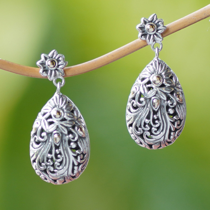18k Gold Accent Silver Floral Dangle Earrings from Bali, "Flower Berries"