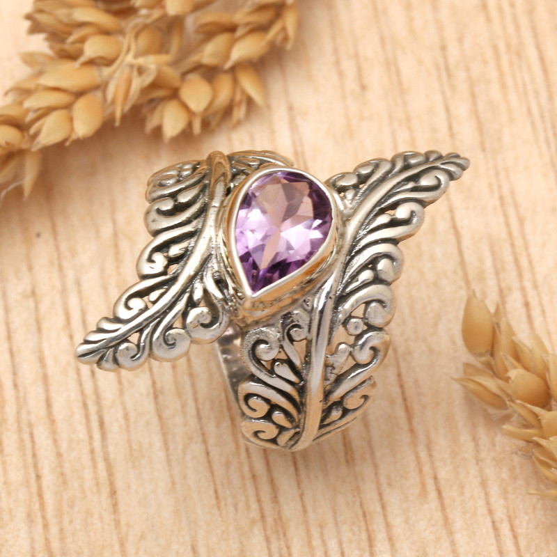Amethyst and Sterling Silver Fern Cocktail Ring from Bali, "Ferny Caress"