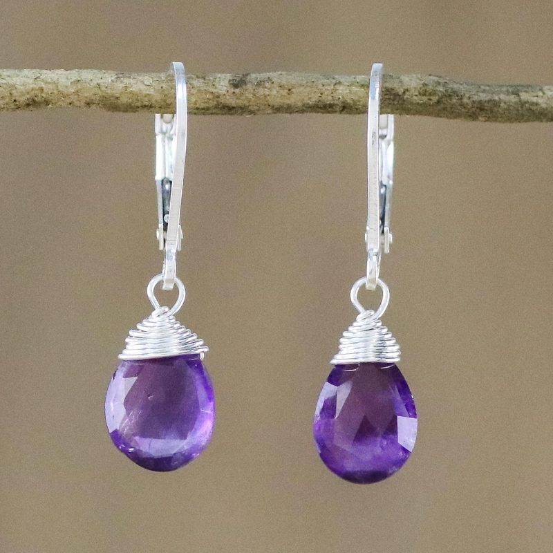 Amethyst and Silver Teardrop Dangle Earrings from Thailand, "Glamorous Woman"