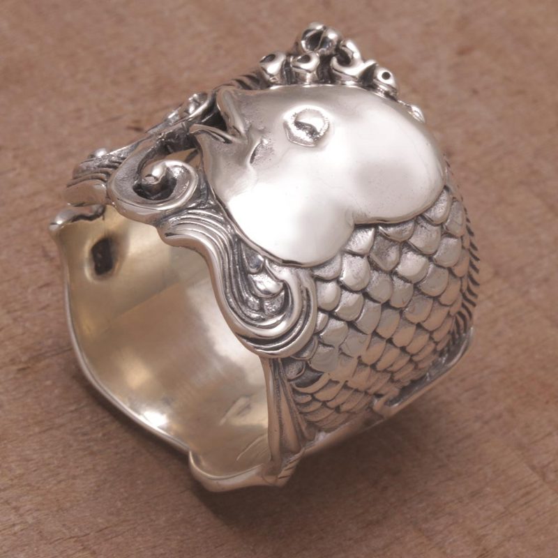 Sterling Silver Fish-Themed Band Ring from Bali, "Guardian Koi"