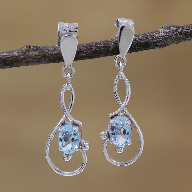 Rhodium Plated Blue Topaz Dangle Earrings from India, "Beauty Swirls"