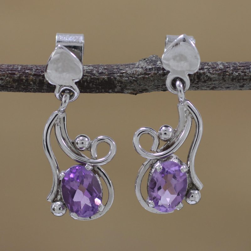 Rhodium Plated Amethyst Leaf Dangle Earrings from India, "Flowing Twist"