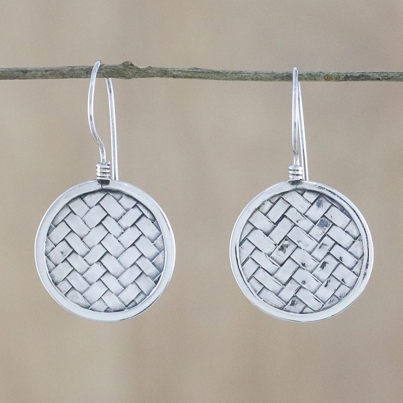 Sterling Silver Circle Weave Dangle Earrings from Thailand, "Woven Circle"