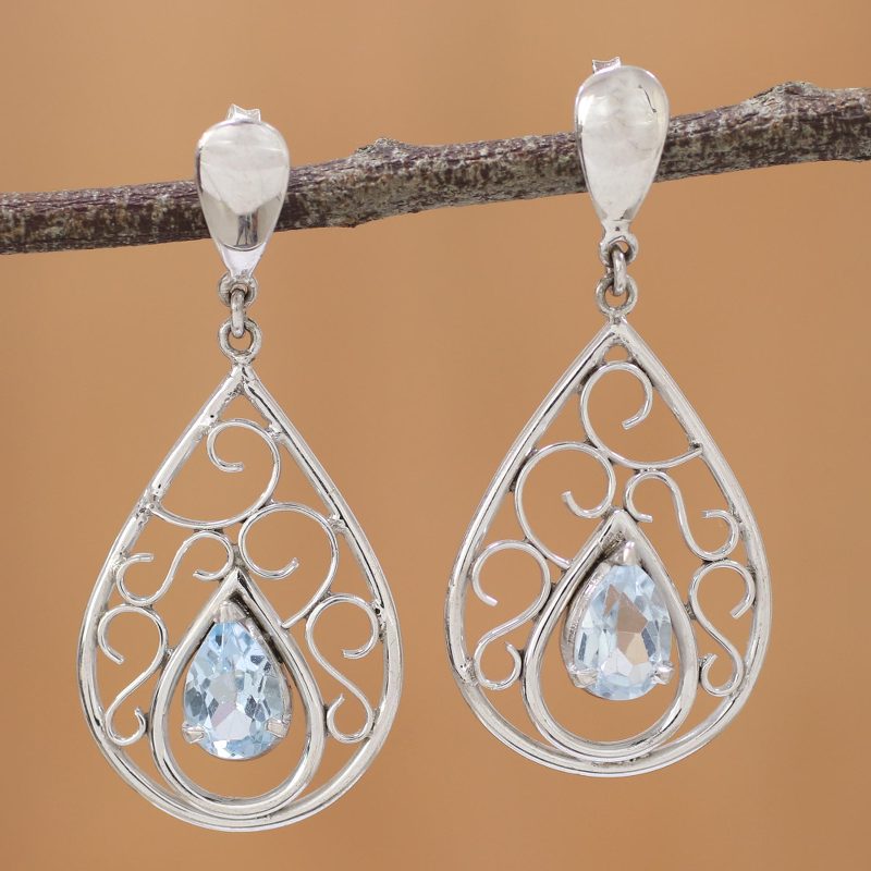 Rhodium Plated Silver and Blue Topaz Dangle Earrings, "Inspired Elegance"