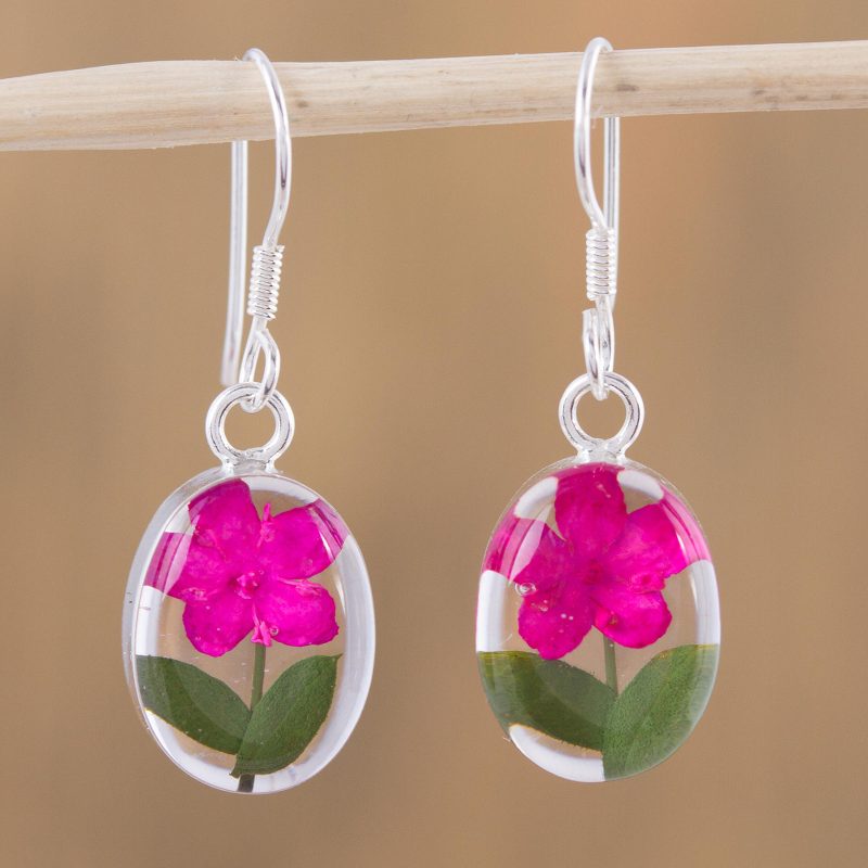 Pink Natural Flower Dangle Earrings from Mexico, "Freshness of Nature"