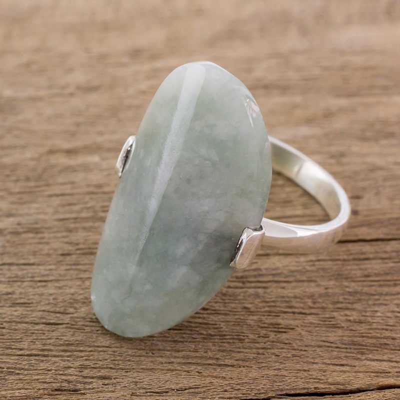 Light Green Jade and Silver Cocktail Ring from Guatemala, "Maya Virtue in Light Green"