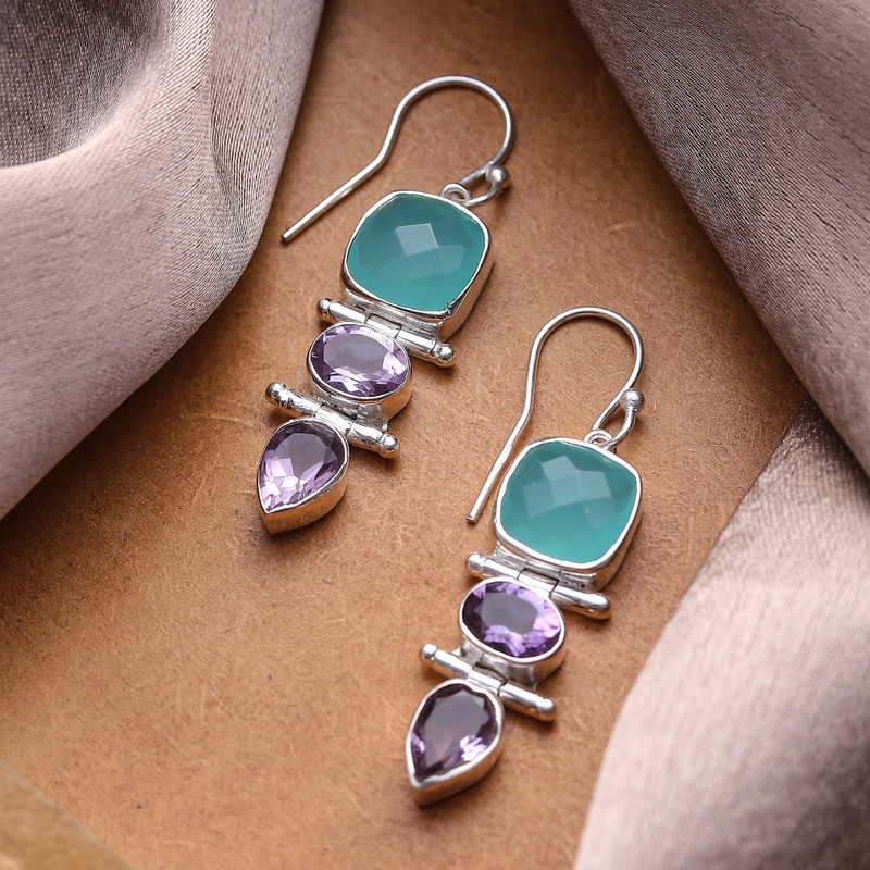 Amethyst and Chalcedony Dangle Earrings from India, "Glittering Muse"