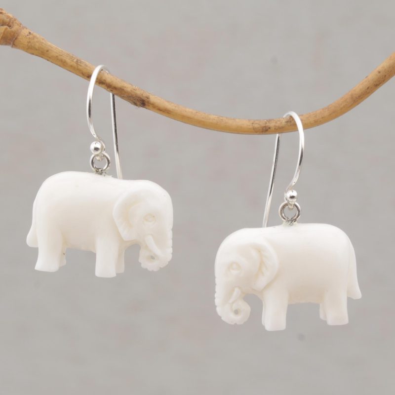 Sleek Cow Bone Carved Elephant Earrings with Silver Hooks, "White Elephant"