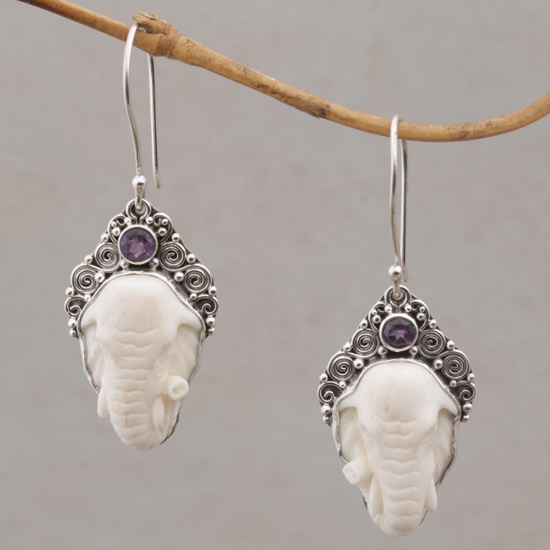 Amethyst Elephant Dangle Earrings with Carved Bone, "Elephant Grandeur"