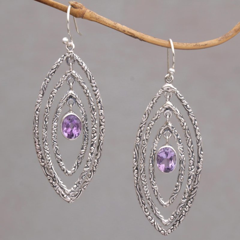 Amethyst and Sterling Silver Dangle Earrings from Bali, "Illusive Eyes"