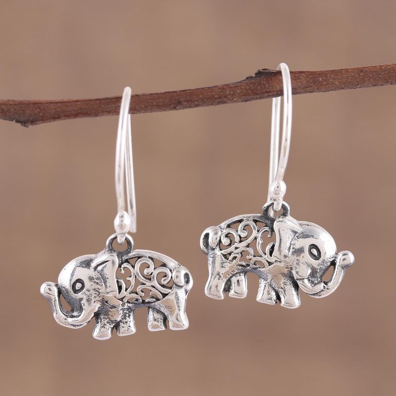 Jali Motif Sterling Silver Elephant Dangle Earrings, "Elephant Appeal"