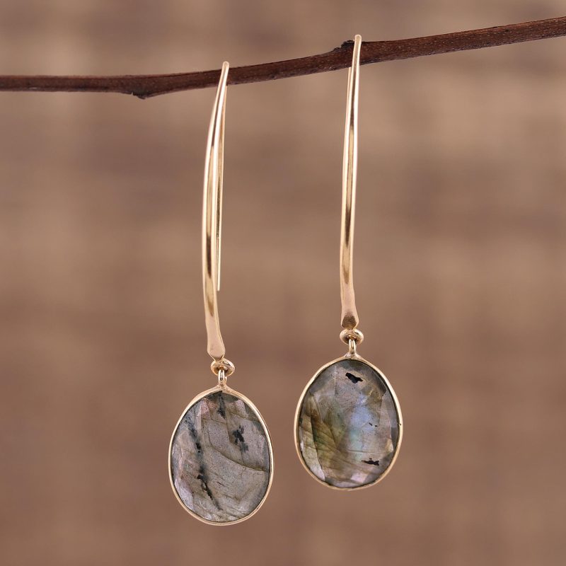 15 Carat Labradorite Dangle Earrings in 18k Gold Plate, "Aurora Drops"