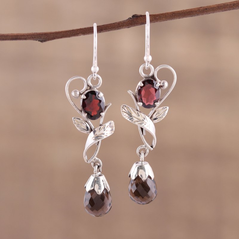 Leaf Motif Smoky Quartz and Garnet Earrings from India, "Dusk Romance"