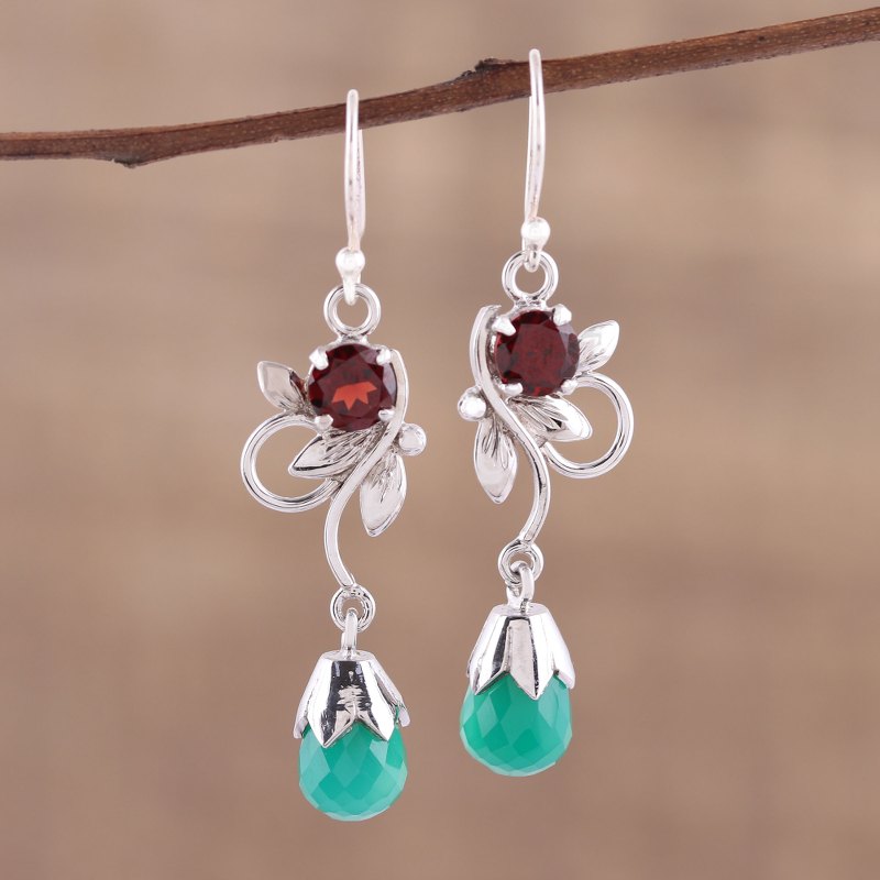 Leaf Motif Green Onyx and Garnet Earrings from India, "Lost in Romance"