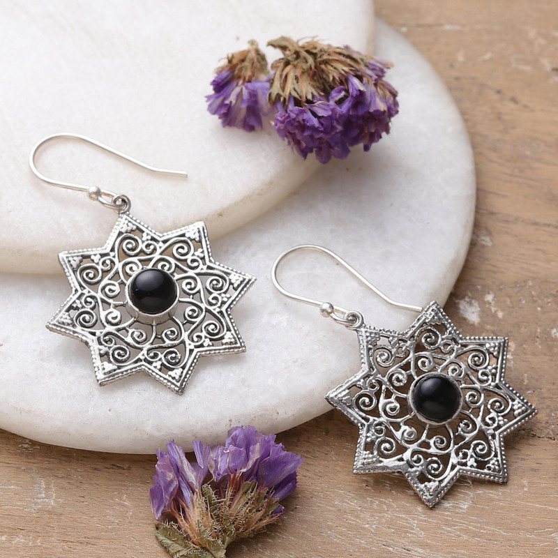 Star-Shaped Earrings with Onyx and Sterling Silver, "Mughal Stars"