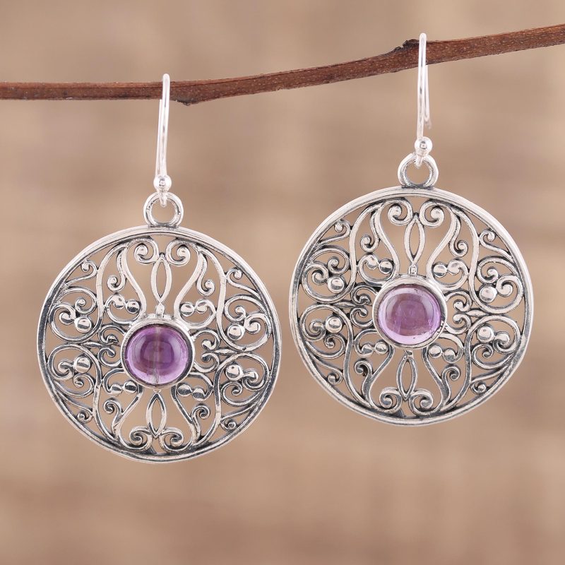 Amethyst and Sterling Silver Jali Dangle Earrings from India, "Shalimar Gardens"