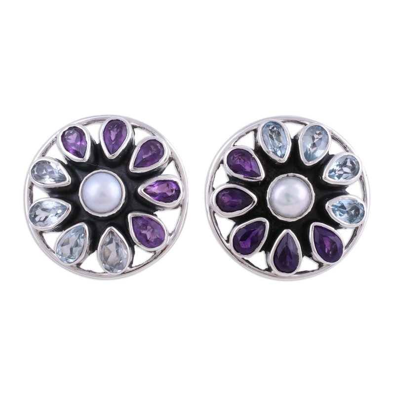 Star-Shaped Multi-Gemstone Button Earrings from India, "Glittering Stars"