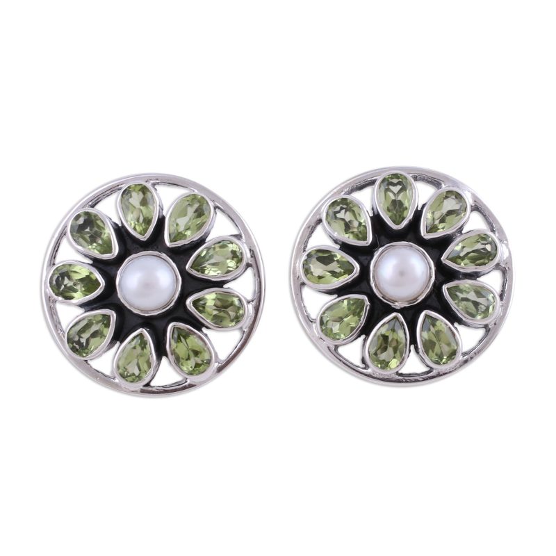Star-Shaped Peridot and Pearl Button Earrings from India, "Glittering Stars"