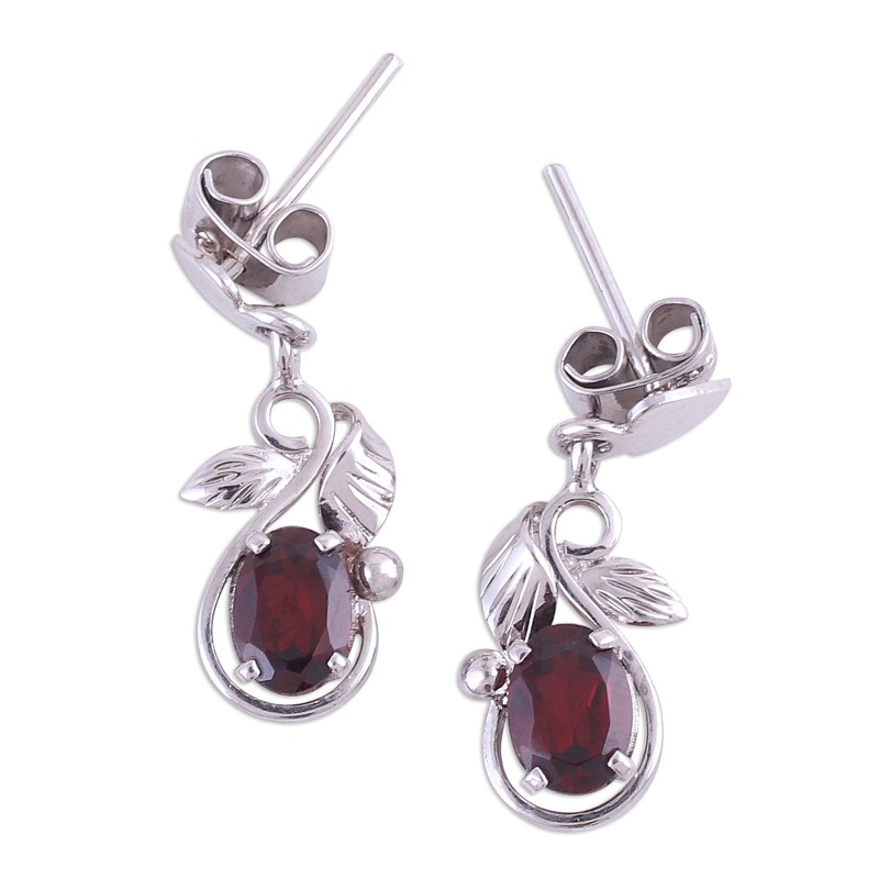 Rhodium Plated Leaf Motif Garnet Dangle Earrings, "Radiant Vines"