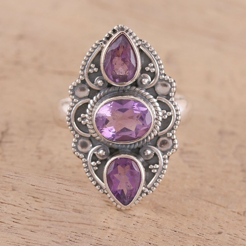 Sparkling Amethyst and Silver Cocktail Ring from India, "Beautiful Lavender"