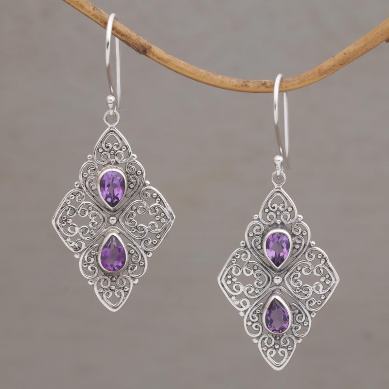 Amethyst and Sterling Silver Dangle Style Earrings, "Besakih Beauty"