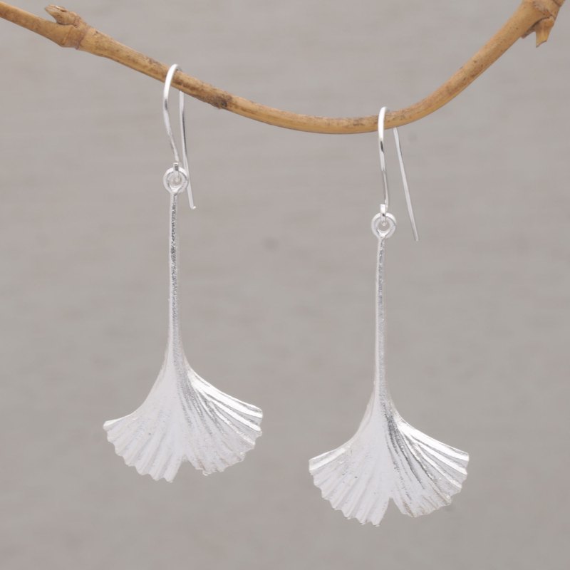 Leaf Motif Sterling Silver Dangle Earrings Handmade in Bali, "Tender Leaf"
