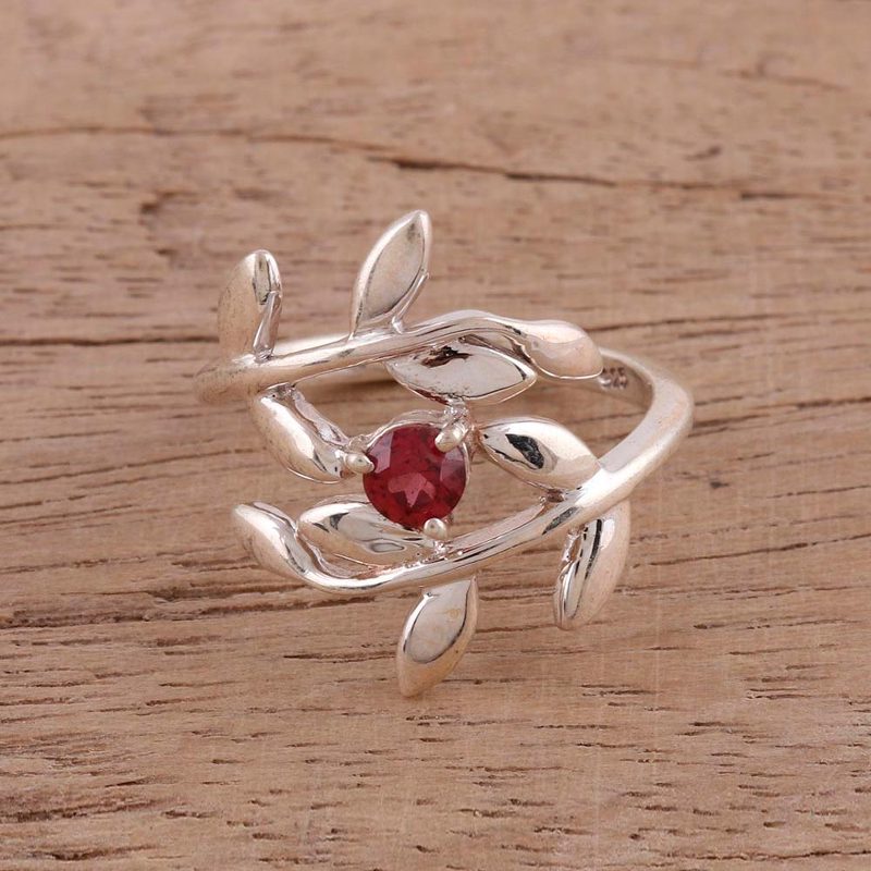 925 Sterling Silver Garnet Cocktail Ring from India, "Crimson Branches"