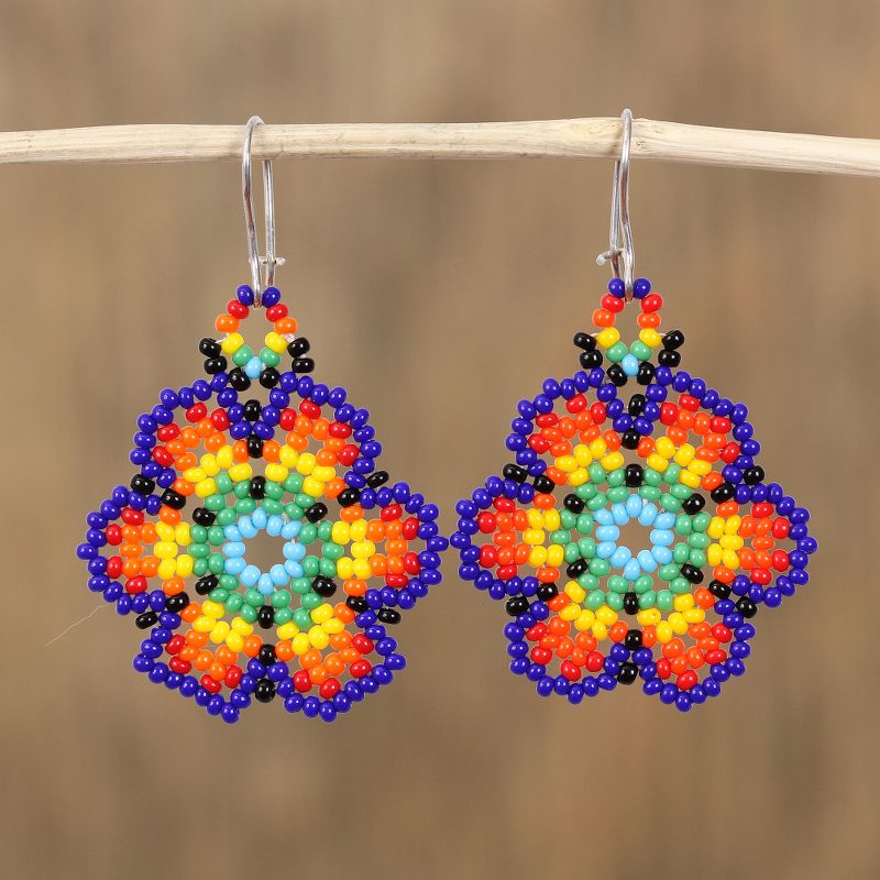Glass Beaded Floral Dangle Earrings from Mexico, "Floral Colors"