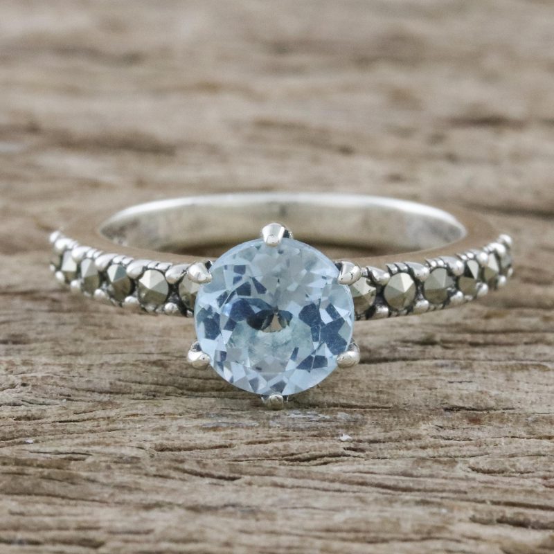 Solitaire Ring with Three-Carat Blue Topaz and Marcasite, "Victorian Soliloquy"