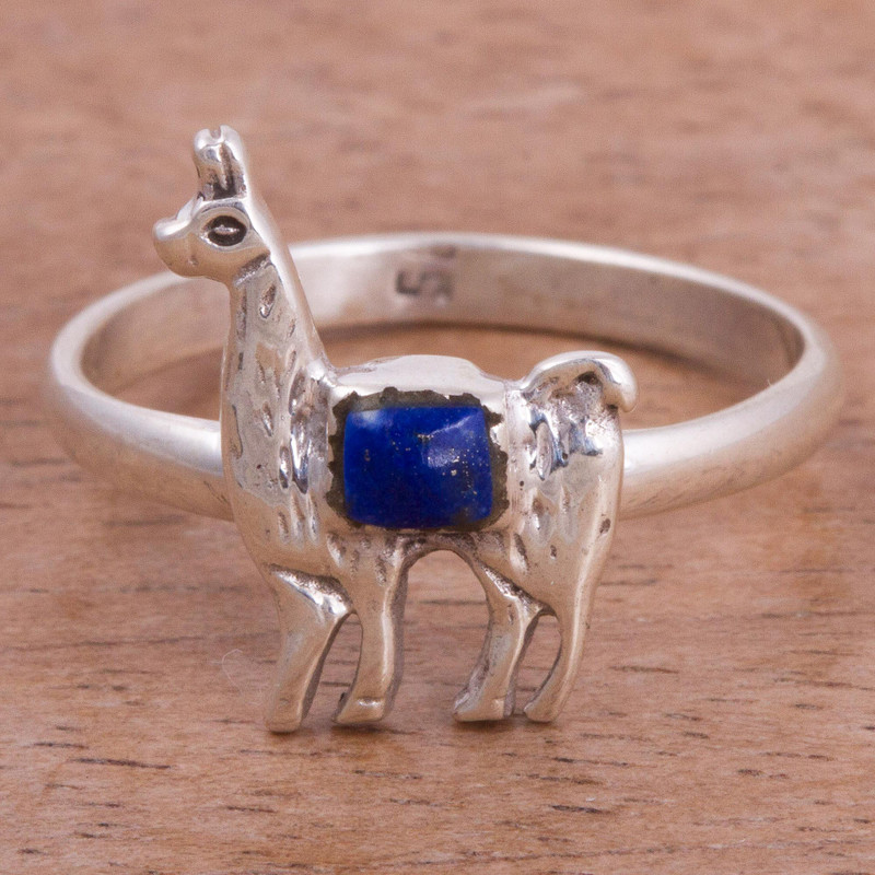 Lapis Lazuli and Silver Llama Cocktail Ring from Peru, "Andean Llama"