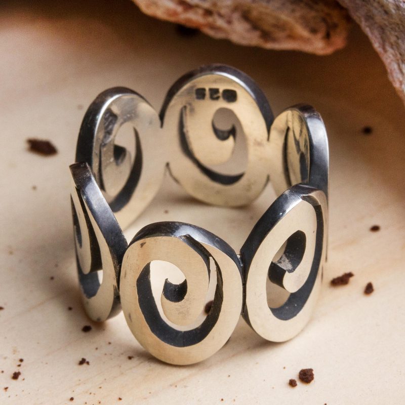 Men's Spiral Motif Sterling Silver Band Ring from Mexico, "Striking Spirals"