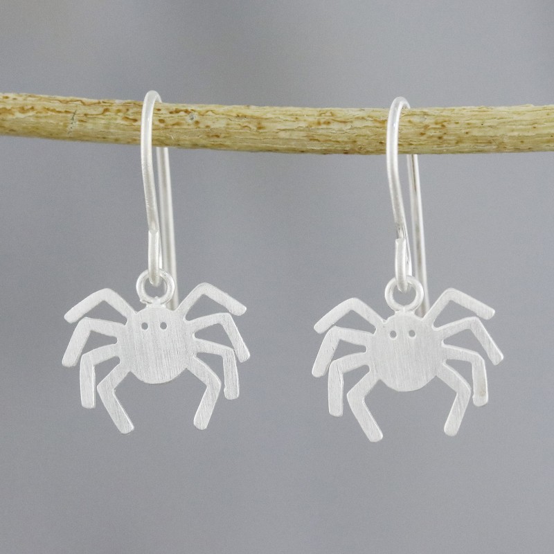 925 Sterling Silver Handmade Dangle Spider Earrings, "Eight Legged Love"