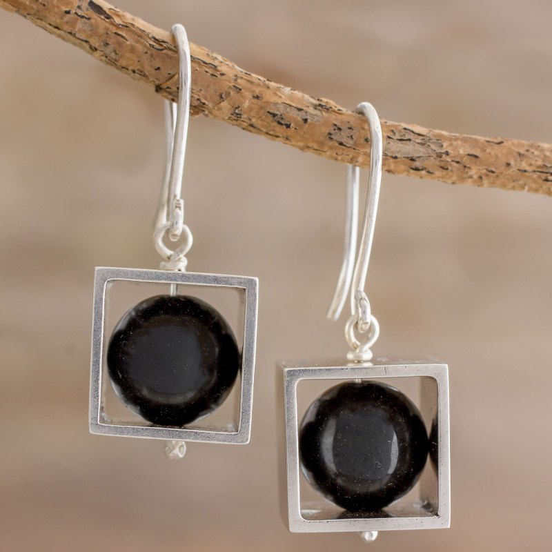 Square Sterling Silver Frame with Onyx Orb Dangle Earrings, "Frames"