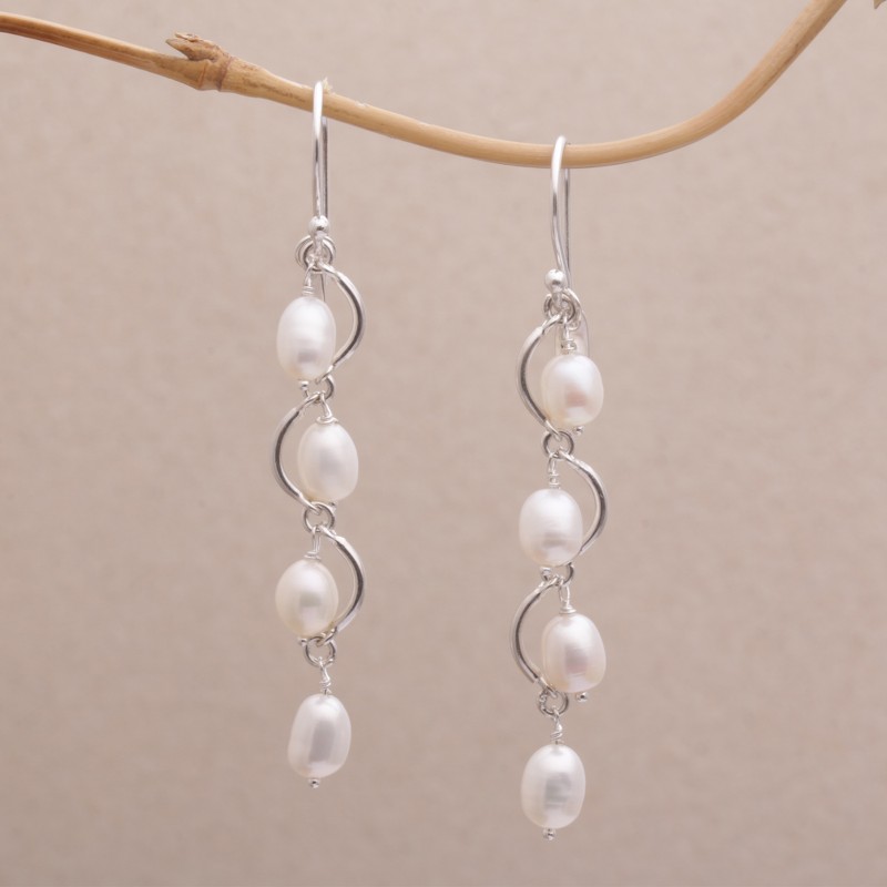 Wavy Cultured Pearl Dangle Earrings from Bali, "Heavenly Trail"