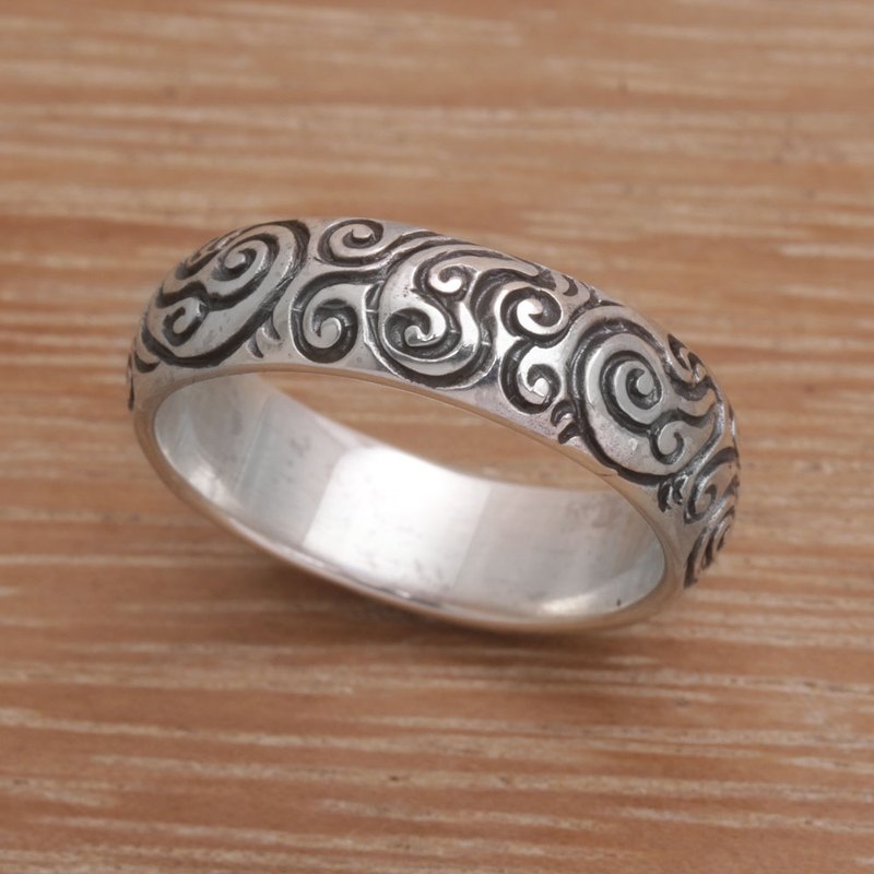 925 Sterling Silver Swirling Fern Band Ring from Indonesia, "Destiny Engraved"