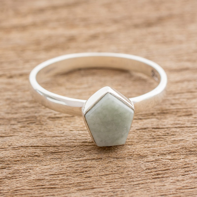 Pale Green Jade Pentagon and Sterling Silver Cocktail Ring, "Striking in Pale Green"