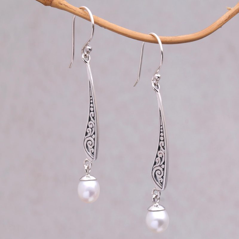 Vine Motif Cultured Pearl Dangle Earrings from Indonesia, "Vine Blades"