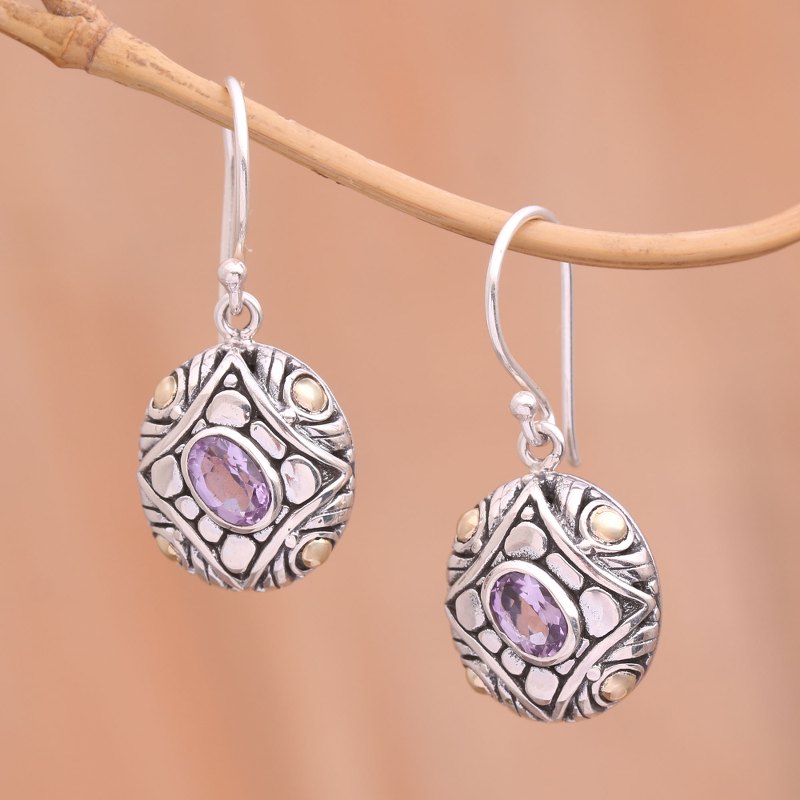 Amethyst & 18K Gold Accented Sterling Silver Dangle Earrings, "Jungle Diamonds"