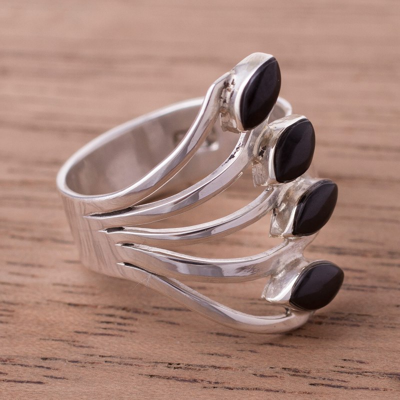950 Silver and Onyx Multi-Stone Cocktail Ring from Peru, "Radiant Leaves"