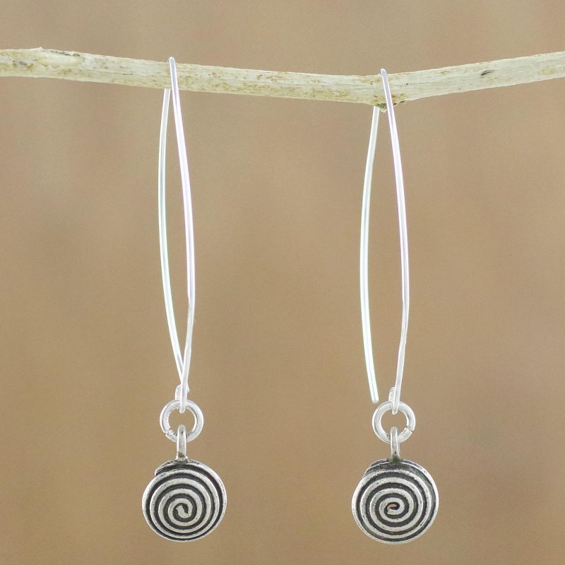 Karen Silver Spiral Motif Dangle Earrings from Thailand, "Karen Trance"